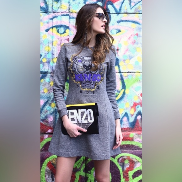 Kenzo Dresses & Skirts - Kenzo Tiger Sweatshirt Dress Gray Cotton Size Small